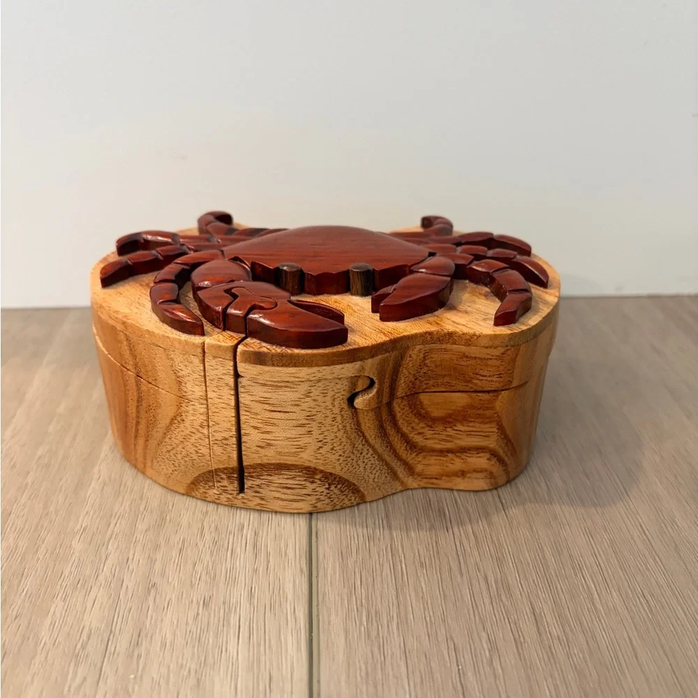 Crab Handcrafted Carved Intarsia Wood Puzzle Box Jewelry Trinket Box